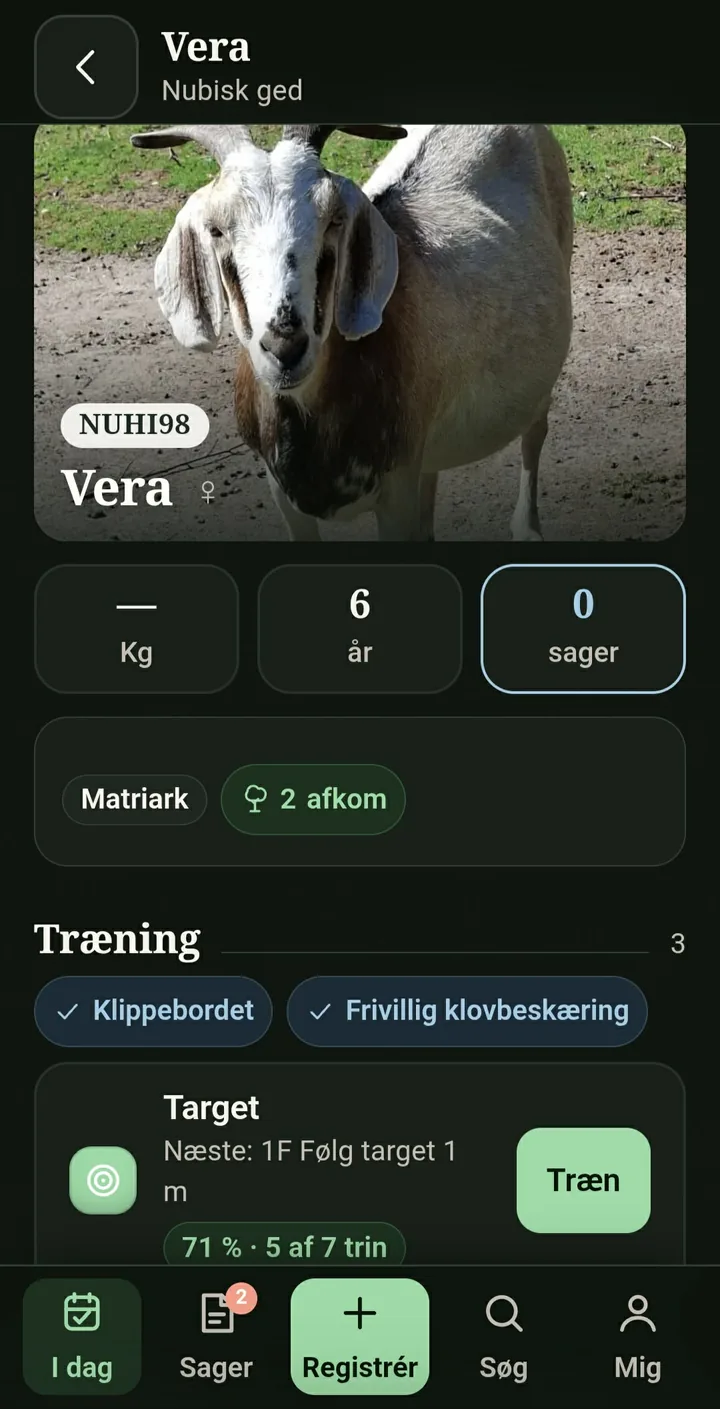 ZooMate på en telefon: dyreprofilen for geden Vera med lokal-ID, vægt, alder, åbne sager, matriark og to afkom, samt et træningsforløb i gang.