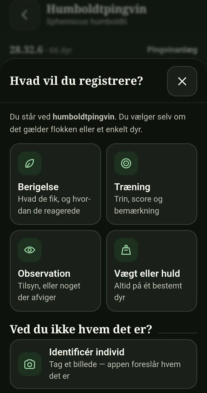Registrér-skærmen i ZooMate: fire valg — berigelse, træning, observation og vægt eller huld — samt Identificér individ med et billede.