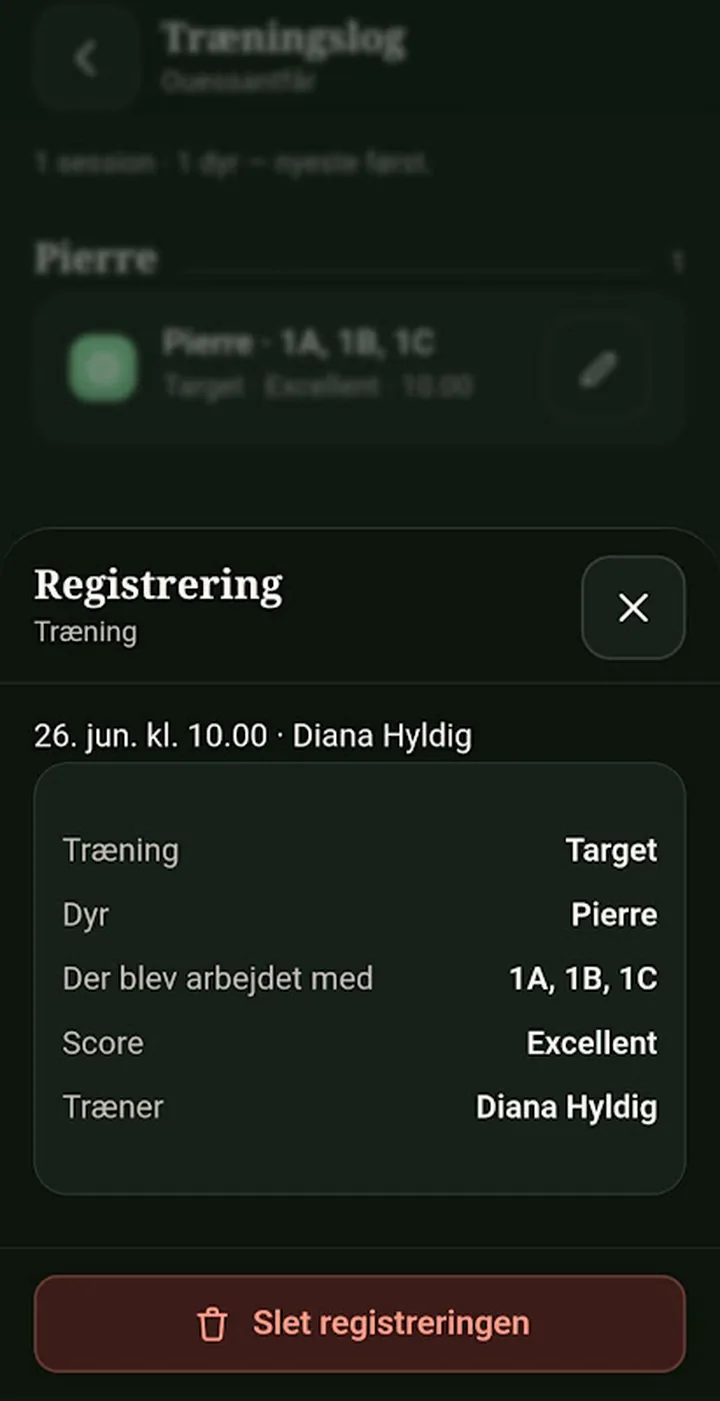 Træningsloggen i ZooMate: en session på Pierre med trin 1A, 1B og 1C, scoren Excellent og hvem der trænede.