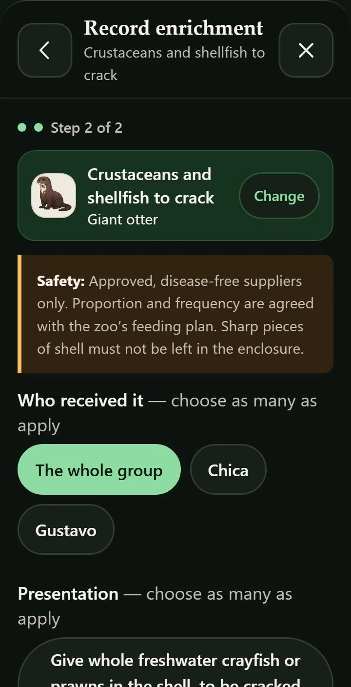 Record enrichment in ZooMate: crustaceans and shellfish for giant otter, with a safety note for the species and a choice of who received it.