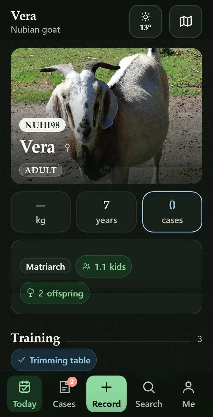 ZooMate on a phone: the animal profile for the goat Vera with local ID, weight, age, open cases, matriarch and two offspring, and a training programme in progress.