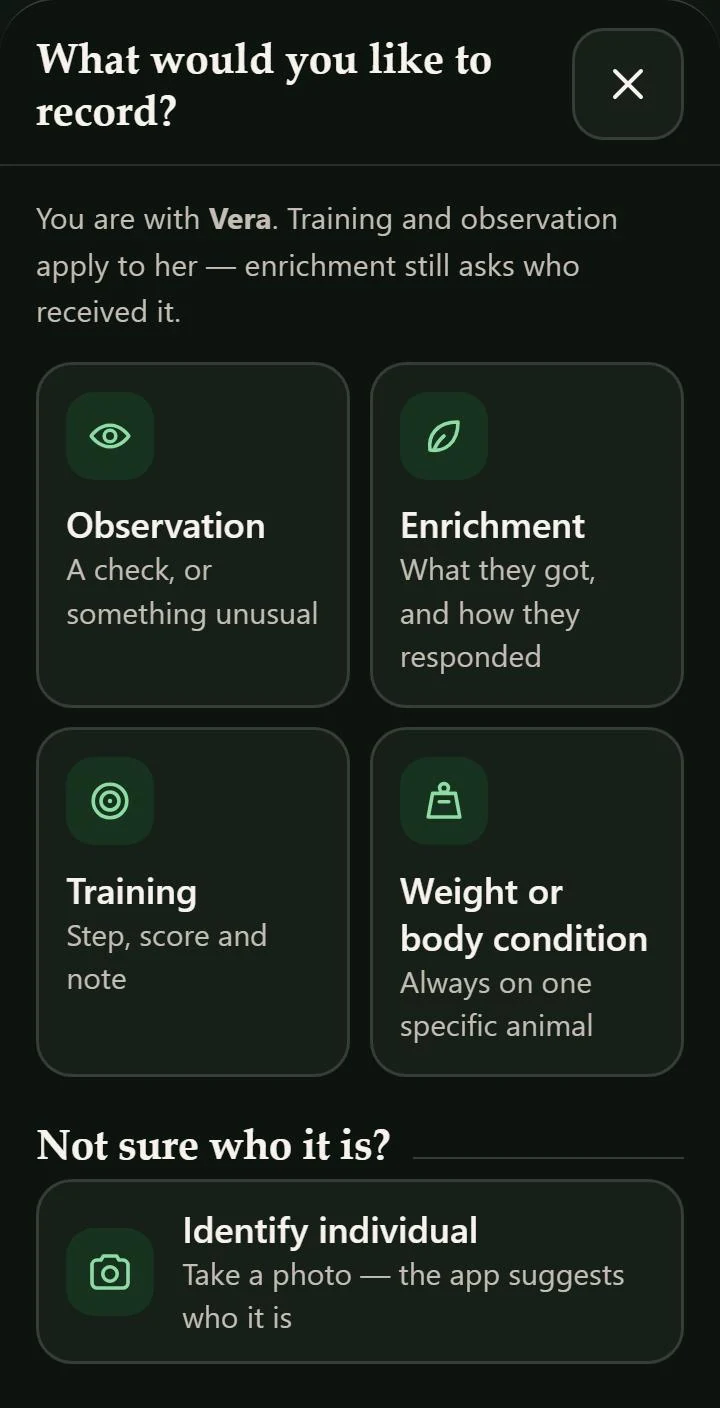 The Record screen in ZooMate: four choices — enrichment, training, observation and weight or body condition — plus Identify individual from a photo.